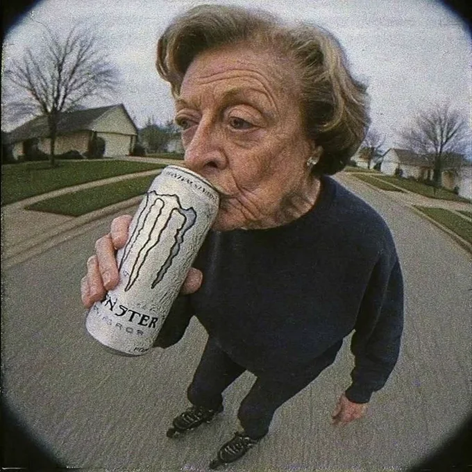 Elderly woman with a Monster Energy drink