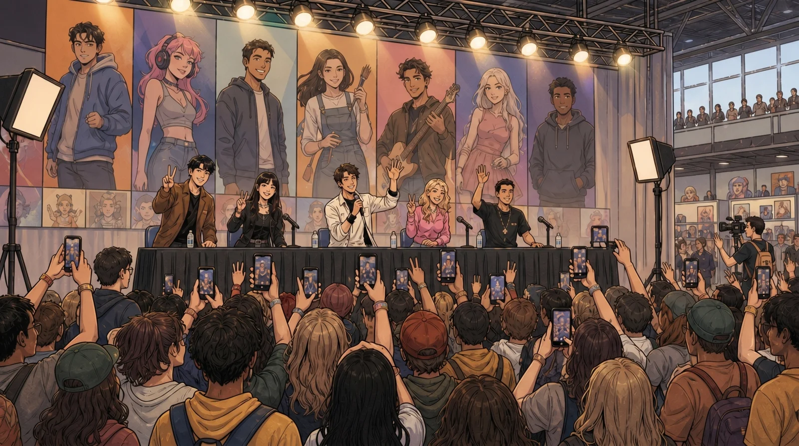 Creator panel on stage with an audience filming on phones