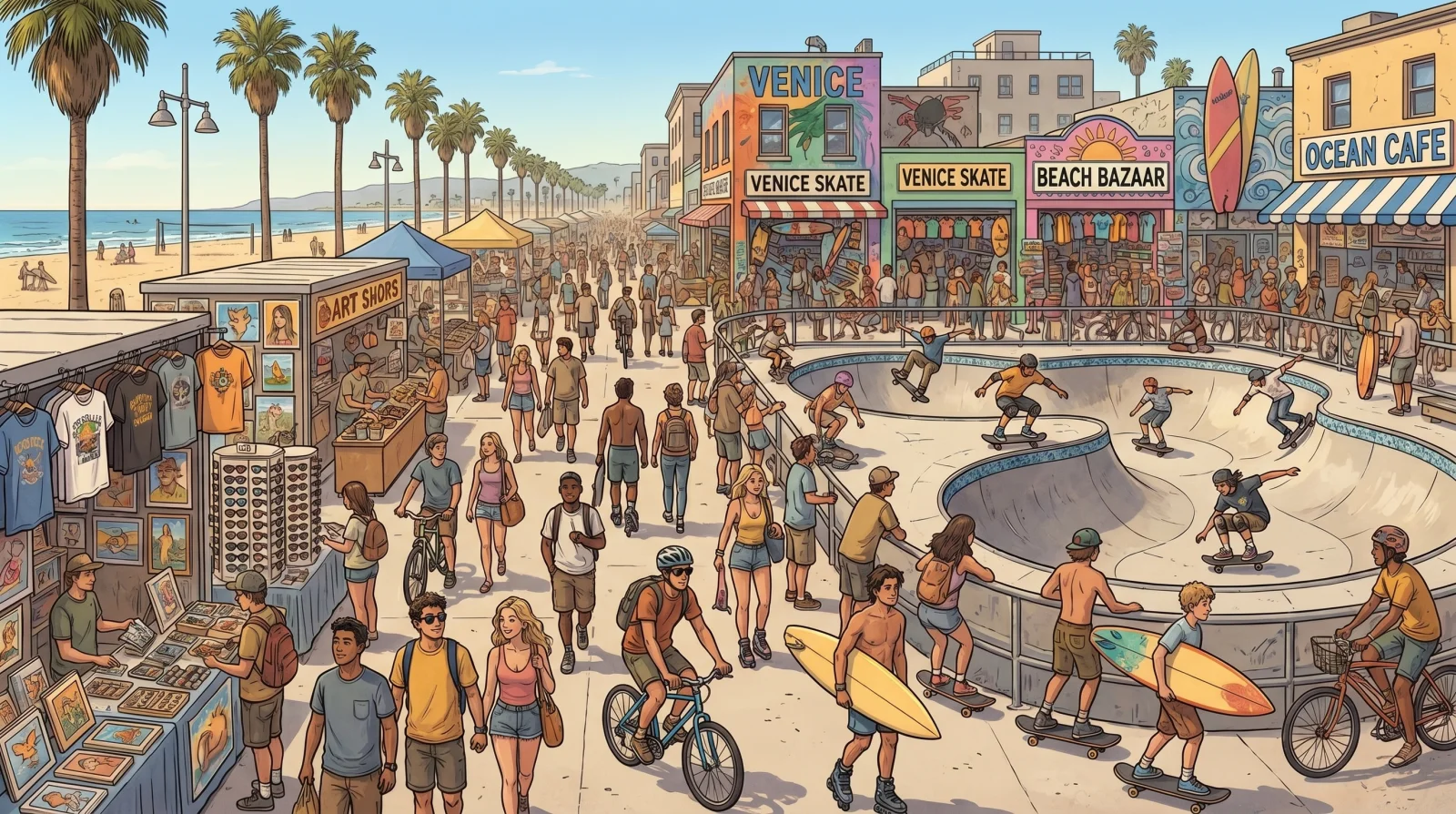 Illustrated Venice Beach boardwalk with creators, art vendors, and community activity